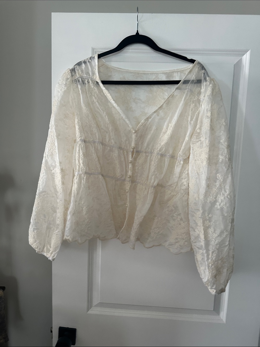 SHEIN Cream Lace V-Neck Button Peasant Blouse